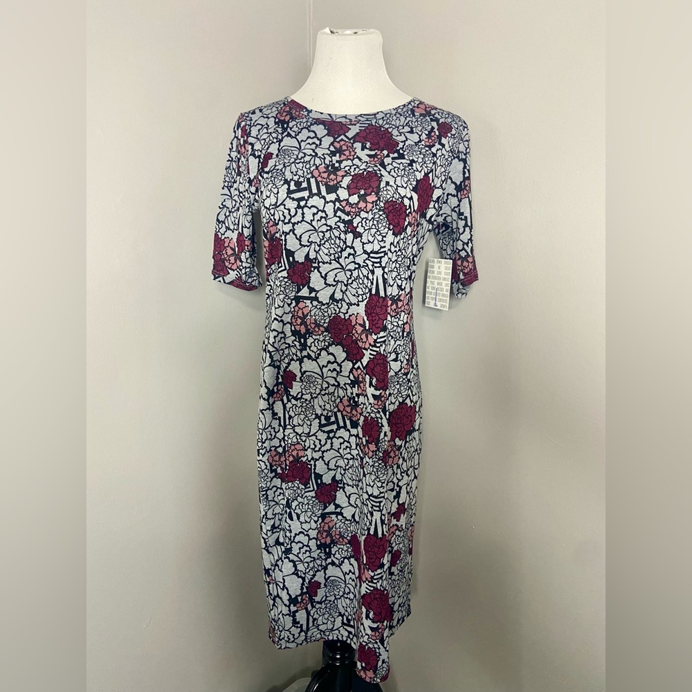 LuLaRoe Julia Dress Gray with Purple and Black Florals Midi Form Fitting